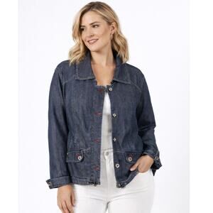 Chico’s Platinum Denim Blue Jean Jacket Stretch Zip Snap Front Women’s L